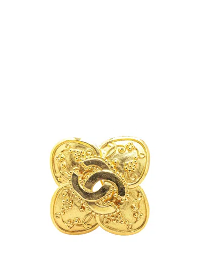 Pre-owned Chanel 1996 Gold Plated Cc Clover Brooch Costume Brooch