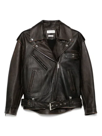 Alexander Mcqueen Oversized Antiqued Leather Biker Jacket In Brown
