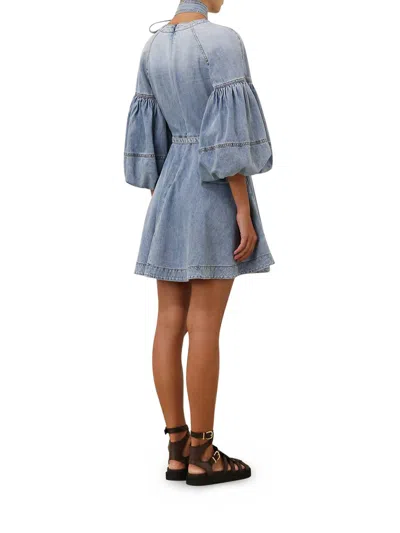 Shop Zimmermann Mini Denim Dress With Neck Ties In Azul