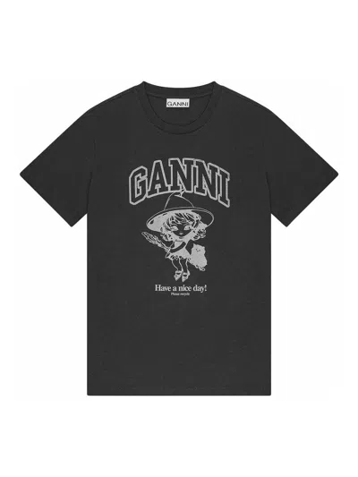 Ganni Black Crewneck T-shirt With Maxi Logo Lettering On The Front And Maxi Print On Front And Rear In Color Carne Y Neutral