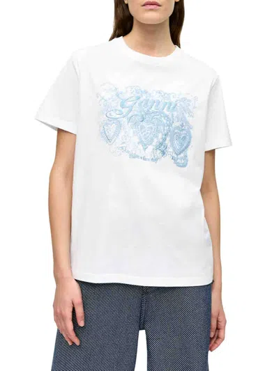 Ganni Basic Jersey Tattoo Lace Relaxed T-shirt In Blanco