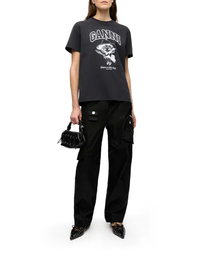 Ganni Black Crewneck T-shirt With Maxi Logo Lettering On The Front And Maxi Print On Front And Rear In Color Carne Y Neutral