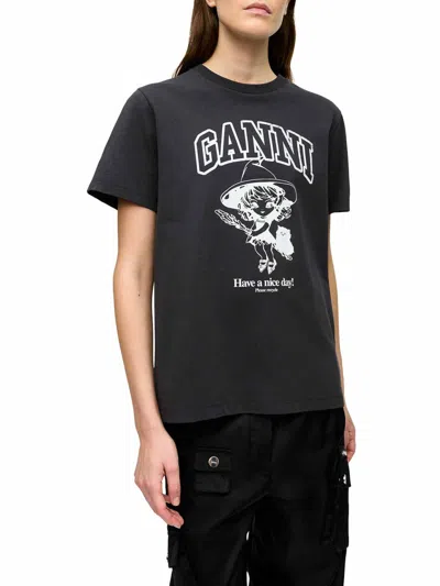 Ganni Black Crewneck T-shirt With Maxi Logo Lettering On The Front And Maxi Print On Front And Rear In Color Carne Y Neutral