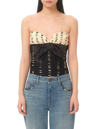 Valentino Plusdepois Print Chiffon Top With Handmade Draping And Bow Detail In Negro