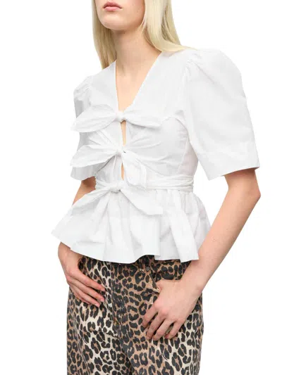Ganni Tie-front Organic Cotton-poplin Peplum Blouse In White