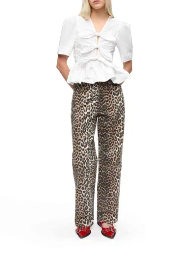 Ganni Tie-front Organic Cotton-poplin Peplum Blouse In White