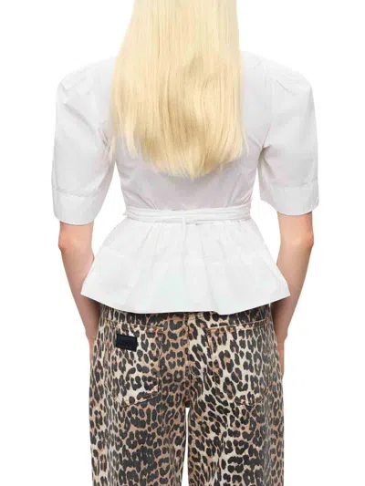 Ganni Tie-front Organic Cotton-poplin Peplum Blouse In White