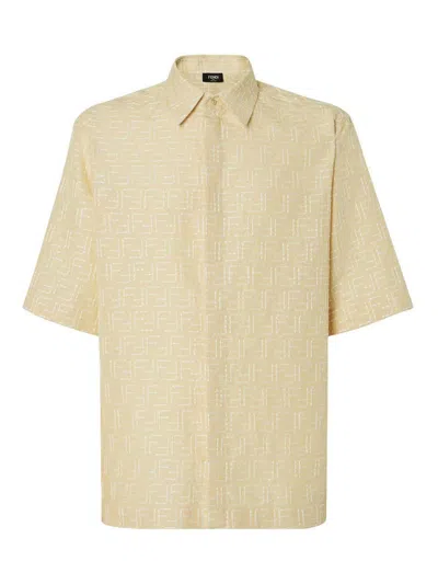 Fendi Men Jacquard Linen And Cotton Shirt With All-over Ff Embroidery In Pink