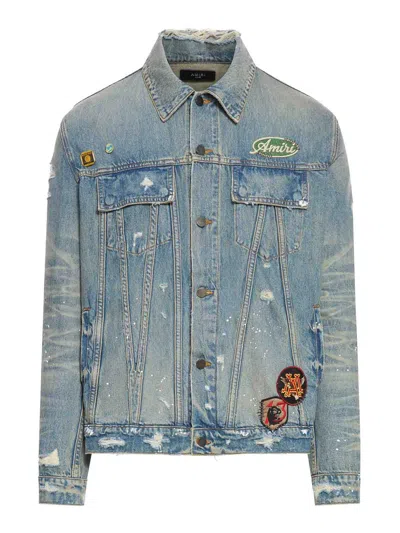 Amiri Vintage Pegasus Embellished Distressed Paint-splattered Denim Trucker Jacket In Azul