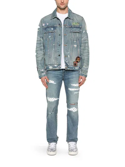Amiri Vintage Pegasus Embellished Distressed Paint-splattered Denim Trucker Jacket In Azul