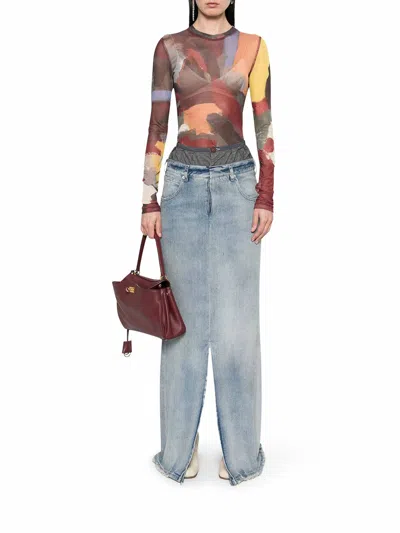 Maison Margiela Light Blue Long Skirt With Front Slit And Five Pocket Design In Denim Woman In Azul