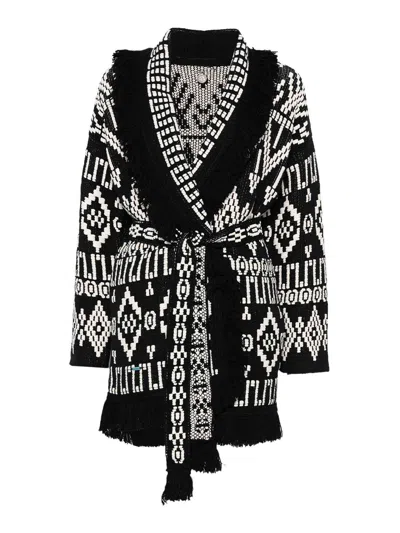 Alanui Geometric Patterned Virgin Wool And Cotton Cardigan In Negro