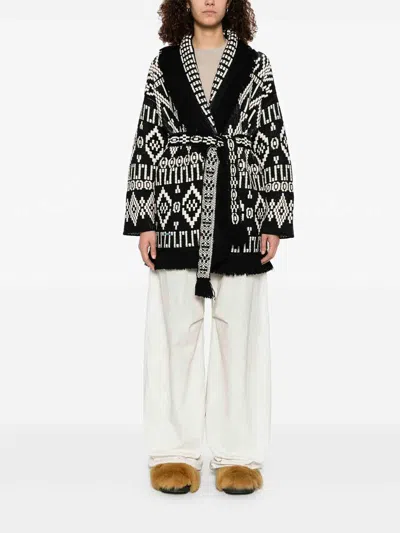 Alanui Geometric Patterned Virgin Wool And Cotton Cardigan In Negro