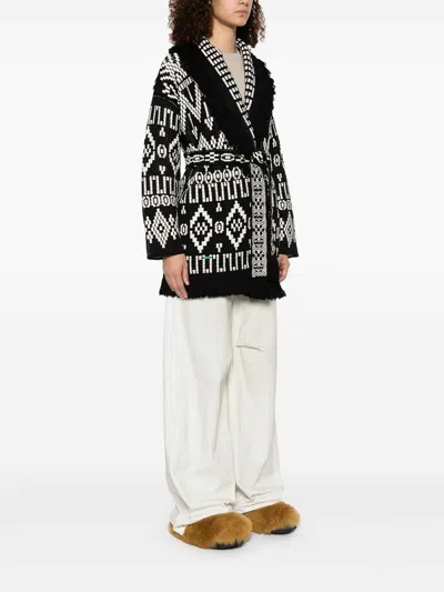 Alanui Geometric Patterned Virgin Wool And Cotton Cardigan In Negro