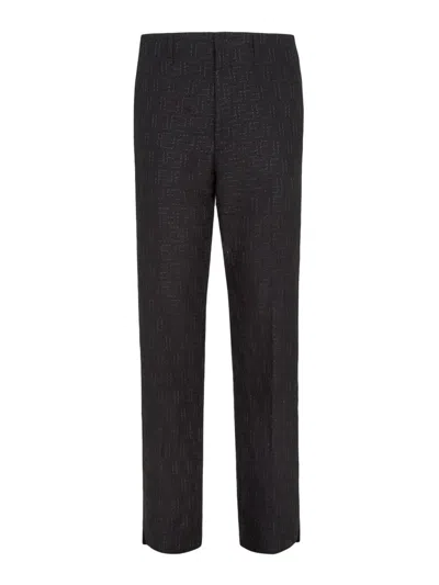 Fendi Trousers In Black Ff Jacquard Linen Blend In Negro