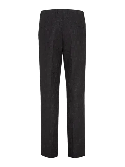 Fendi Trousers In Black Ff Jacquard Linen Blend In Negro