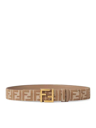 Fendi Reversible Belt In Ff Jacquard With Denim And Leather Effect In Brown