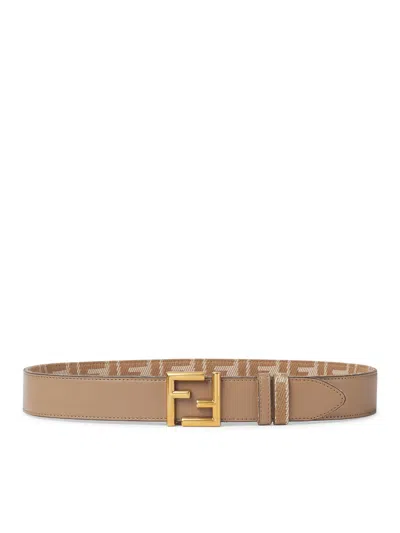 Fendi Reversible Belt In Ff Jacquard With Denim And Leather Effect In Brown