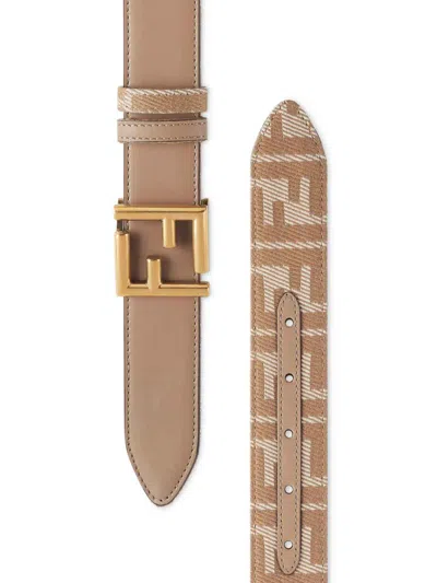 Fendi Reversible Belt In Ff Jacquard With Denim And Leather Effect In Brown