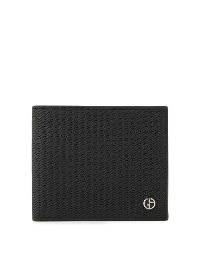 Giorgio Armani Bifold Wallet In Embossed Leather In Negro