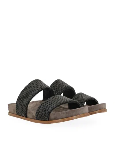 Brunello Cucinelli Grey Sandals With Monile Decoration And Round Open Toe In Marrón