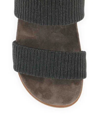 Brunello Cucinelli Grey Sandals With Monile Decoration And Round Open Toe In Marrón