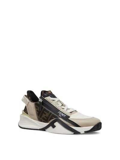 Fendi Beige Leather Sneakers With Ff Motif In Multi