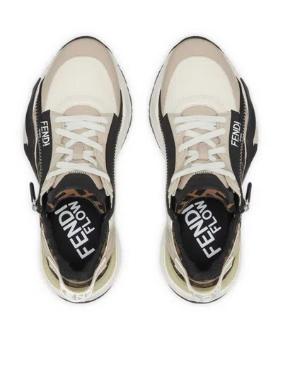 Fendi Beige Leather Sneakers With Ff Motif In Multi