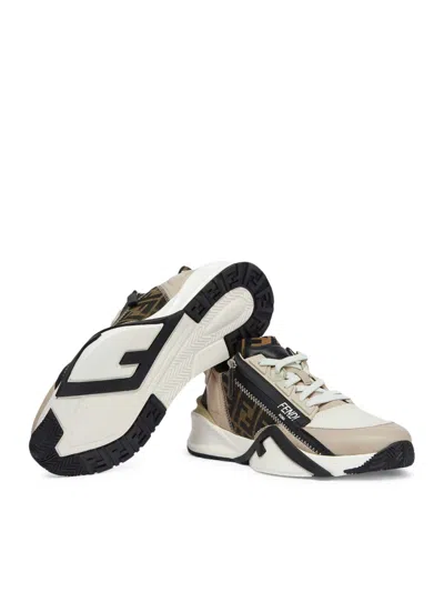 Fendi Beige Leather Sneakers With Ff Motif In Multi