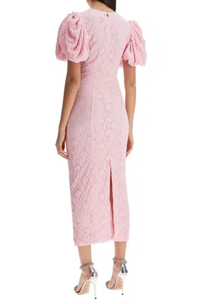 ROTATE BIRGER CHRISTENSEN PINK FLORAL MIDI DRESS WITH PUFF SLEEVES IN MIXED MATERIALS 