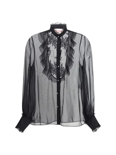 Valentino Silk Chiffon Blouse With Lace And Ruffles Trim In Black