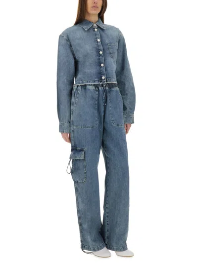 Moschino Pocketed Cropped Denim Jacket In Blue