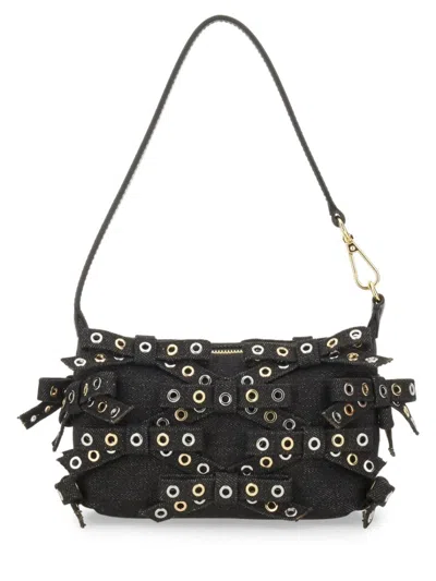 Ganni Denim Butterfly Bow Shoulder Bag In Black