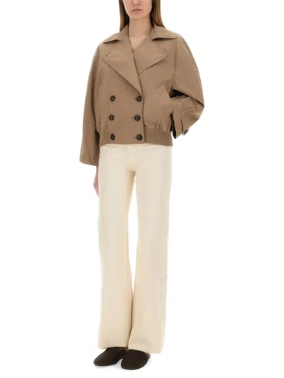 Brunello Cucinelli Brown Double-breasted Crop Jacket With Windbreak Flap And Classic Wide Lapels In Neutrals