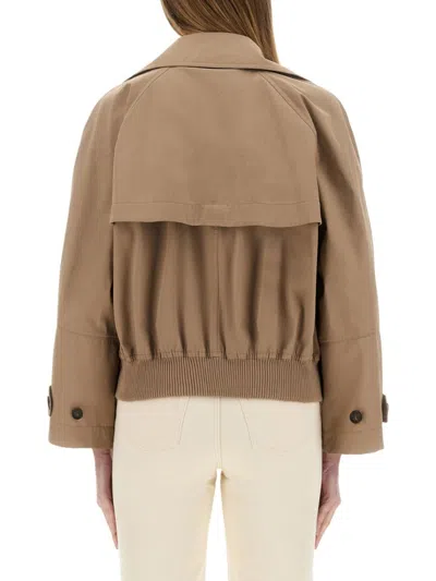 Brunello Cucinelli Brown Double-breasted Crop Jacket With Windbreak Flap And Classic Wide Lapels In Neutrals
