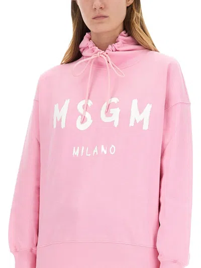 Msgm Hooded Sweatshirt With Drawstring And Ribbed Finish In Pink