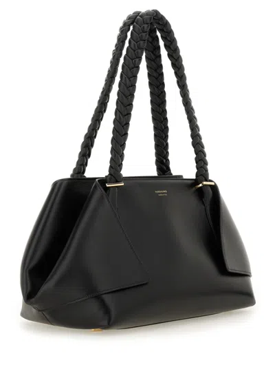 Ferragamo The Scarf Bag Black Shoulder Bag With Braided Handles And Folded Corners In Leather Woman In Black