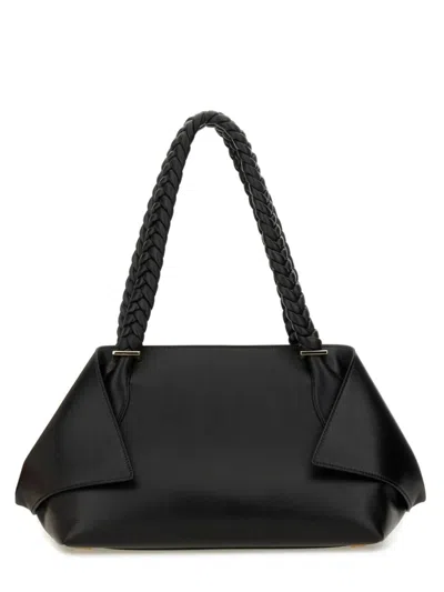 Ferragamo The Scarf Bag Black Shoulder Bag With Braided Handles And Folded Corners In Leather Woman In Black