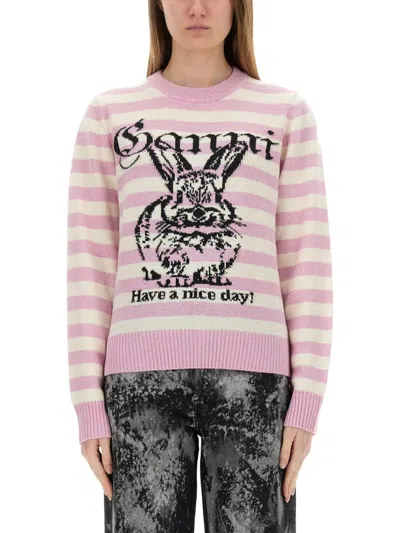 Ganni Striped Sweater With Rabbit In Pink
