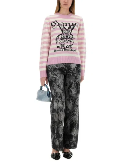 Ganni Striped Sweater With Rabbit In Pink