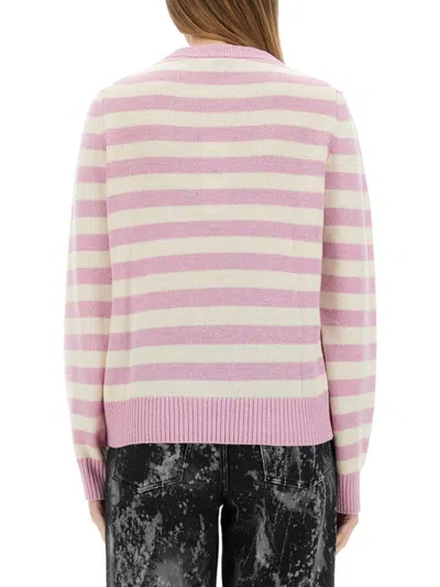 Ganni Striped Sweater With Rabbit In Pink