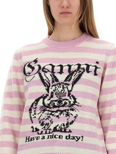 Ganni Striped Sweater With Rabbit In Pink