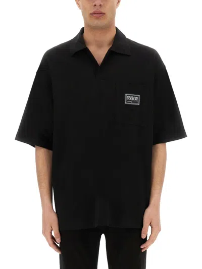 Shop Versace Jeans Couture Black Polo With Logo Patch Pocket