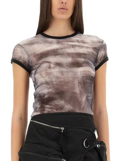 Helmut Lang Fitted T-shirt With Abstract Pattern And Sheer Fabric In Grey