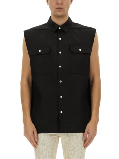 Rick Owens Black Linen Jumbo Sleeveless Outershirt With Pointed Collar In Black