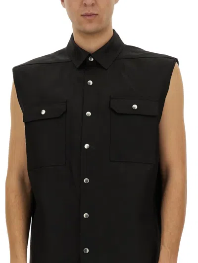 Rick Owens Black Linen Jumbo Sleeveless Outershirt With Pointed Collar In Black