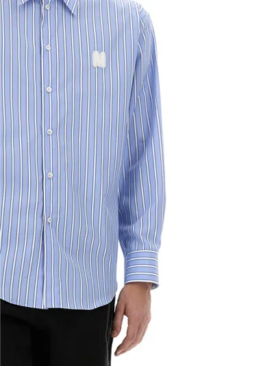 Msgm Logo Cotton T-shirt With Striped Cuffed Sleeves In Blue