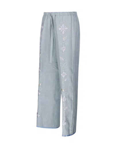 Forte Forte Linen Drawstring Pants With Floral Embroidery In Grey