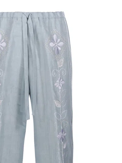 Forte Forte Linen Drawstring Pants With Floral Embroidery In Grey