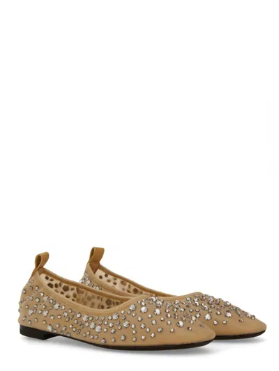 Tory Burch Beige Ballet Flats With All-over Crystals Application In Tech Fabric Woman In Neutrals